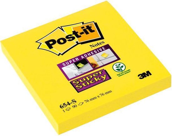 Memoblok Post-it 654  Super Sticky 76x76mm geel / 1 stuk