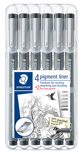 [4007817308356] Fineliner Staedtler Pigment 308 zwart set 4+2 gratis